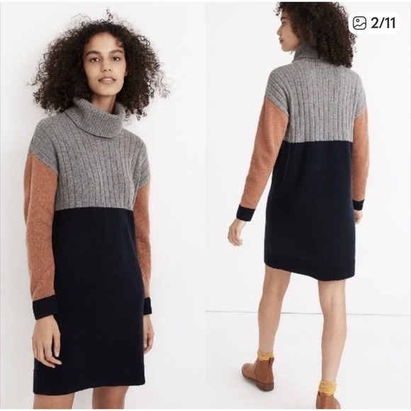 MADEWELL Colorblock Sweater Dress Turtleneck Work Medium Gray Navy Tan Merino - Picture 2 of 11